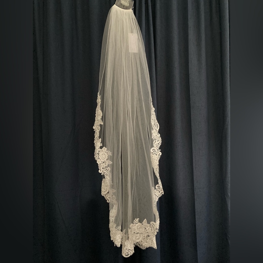 Finger Tip Veil With Lace/Jeweler Trim